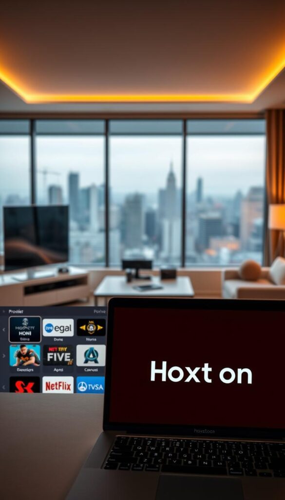 A sleek, minimalist digital interface showcasing the Hoxtoon Provider IPTV streaming service. In the foreground, a laptop screen displays the Hoxtoon logo and a selection of channels, with a stylized remote control in the center. The middle ground features a modern living room setting, with a smart TV and streaming devices visible. The background depicts a cityscape, conveying the ubiquity of IPTV services in the current digital landscape. Lighting is soft and warm, creating a cozy, inviting atmosphere. The overall composition emphasizes the seamless integration of IPTV technology into everyday life.