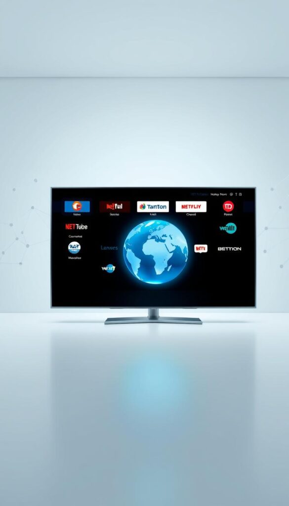 A sleek, minimalist digital interface showcasing the Hoxtoon Provider IPTV technology. In the foreground, a modern smart TV displays a selection of streaming channels, their logos and program information crisp and clear. The middle ground features a stylized globe, representing the global reach and accessibility of IPTV. In the background, a network of interconnected nodes and data streams visually communicate the underlying technological infrastructure powering this innovative television service. Lighting is clean and bright, with a subtle blue-green color palette conveying a sense of sophistication and innovation. The overall scene captures the seamless, cutting-edge experience of Hoxtoon Provider IPTV.