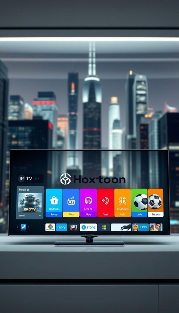 A sleek, minimalist digital interface showcasing the key features of IPTV technology. In the foreground, a high-resolution display presents the Hoxtoon Provider brand, its logo shimmering with a subtle metallic sheen. The middle ground features a series of colorful, interactive tiles representing on-demand content, live TV channels, and streaming services. In the background, a cityscape of towering skyscrapers and glowing neon lights create a futuristic, techno-centric atmosphere. Crisp lighting and a shallow depth of field draw the viewer's focus to the central display, highlighting the power and versatility of IPTV at the heart of this dynamic, connected world.