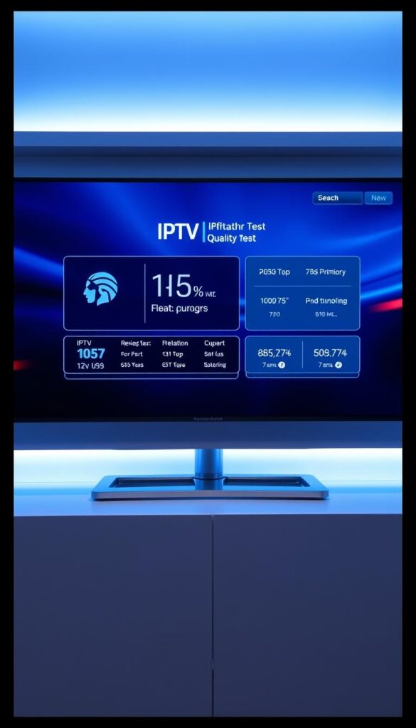 A sleek, minimalist digital interface showcasing the real-time IPTV streaming quality test by Hoxtoon Provider. The screen displays vivid, high-definition visuals, with a clean layout of intuitive controls and statistics. Soft blue-tinted lighting creates a professional, tech-savvy atmosphere, while a subtle chrome-like sheen reflects the premium quality of the service. The overall impression is one of cutting-edge technology and seamless, reliable IPTV performance.