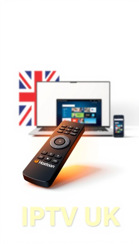 A sleek, minimalist flat design illustration showcasing the "Hoxtoon Provider" IPTV service. Set against a clean white background, the main focus is a stylized IPTV remote control in the foreground, highlighted by warm, directional lighting. The remote features the Hoxtoon logo prominently displayed, with bold, legible text emphasizing "IPTV UK" below. In the middle ground, a laptop and mobile device display the Hoxtoon interface, demonstrating the service's cross-platform accessibility. The background subtly depicts the Union Jack flag, reinforcing the UK-centric nature of the IPTV offering. The overall mood is one of modern, premium quality and reliable performance tailored for the British viewer.