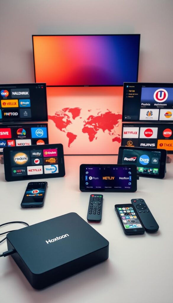 A sleek, minimalist flat-lay arrangement showcasing a diverse array of IPTV channels from around the world, displayed on various digital devices. The scene is bathed in warm, diffused lighting, creating a premium, high-tech atmosphere. In the foreground, a Hoxtoon Provider device is prominently featured, surrounded by tablets, smartphones, and remote controls, all tuned to different international channel logos. The middle ground features a stylized world map, hinting at the global coverage of the IPTV service. The background is clean and uncluttered, allowing the technology and content to take center stage.