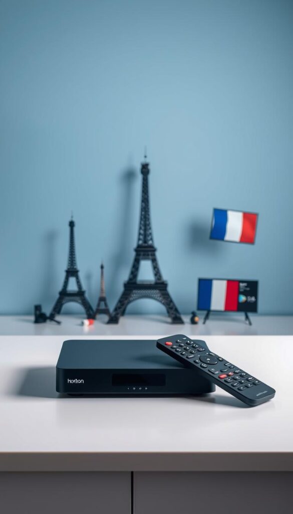 A sleek, minimalist flat-lay arrangement showcasing the Hoxtoon Provider IPTV service. In the foreground, a modern black set-top box and remote control sit atop a clean white surface, symbolizing the seamless integration of Hoxtoon's technology. In the middle ground, various French media icons, such as the Eiffel Tower and the tricolor flag, hint at the service's focus on delivering French television channels. The background features a subdued, gradient backdrop in calming shades of blue, creating a sense of professionalism and trust. Soft, diffused lighting illuminates the scene, emphasizing the premium quality of the Hoxtoon Provider brand.