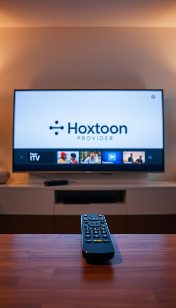 A sleek, minimalist flat-screen TV displays the Hoxtoon Provider logo, its interface showcasing a clean and intuitive IPTV catch-up service. The room is bathed in soft, warm lighting, creating a cozy and inviting atmosphere. In the foreground, a modern remote control rests on a stylish, wooden coffee table, hinting at the seamless user experience. The background features a subtle gradient, emphasizing the technology's focus on delivering a premium at-home entertainment solution. The overall composition conveys a sense of sophistication and effortless accessibility, reflecting Hoxtoon Provider's position as America's premier IPTV service.