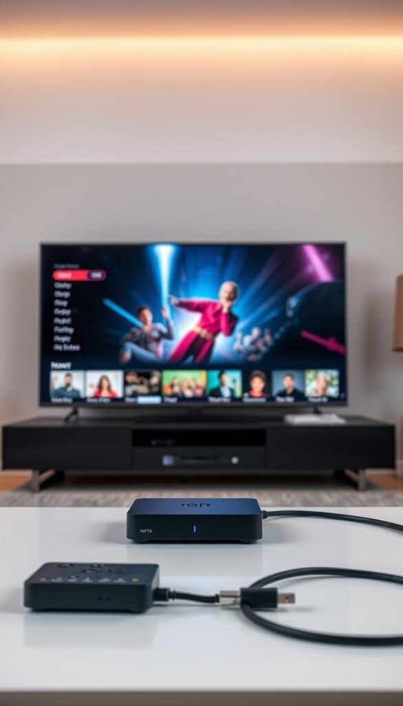 A sleek, minimalist home entertainment setup showcasing the Hoxtoon Provider IPTV service. In the foreground, a modern TV displays vibrant, high-definition content. Surrounding it, elegant black and silver components - a streaming box, remote control, and premium cables - seamlessly integrate for an optimal viewing experience. The minimalist design and warm, ambient lighting create a cozy, inviting atmosphere, perfect for immersive movie nights or binge-watching sessions. In the background, a clean, uncluttered living space with neutral tones and subtle textures reinforces the sophisticated, yet accessible nature of the Hoxtoon Provider IPTV solution.