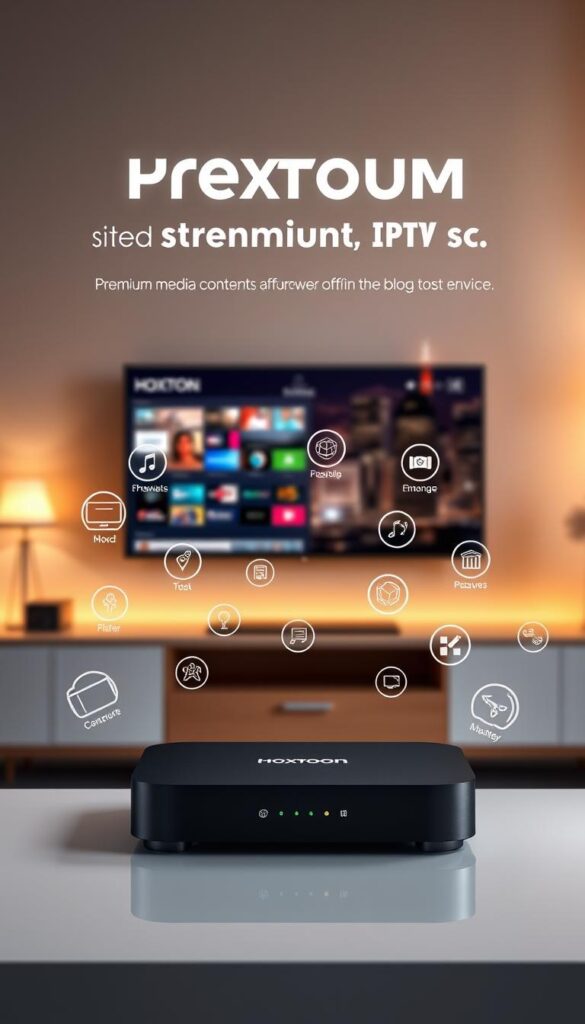 A sleek, minimalist home entertainment setup with a stylish Hoxtoon Provider device prominently displayed. The device is surrounded by various streaming media content icons and symbols, conveying the breadth of premium IPTV offerings. The background features a softly blurred cityscape, suggesting the global reach and accessibility of the service. Warm, diffused lighting creates a premium, high-end atmosphere. The composition is balanced and visually striking, showcasing the Hoxtoon Provider as the centerpiece of a modern, sophisticated home media experience.