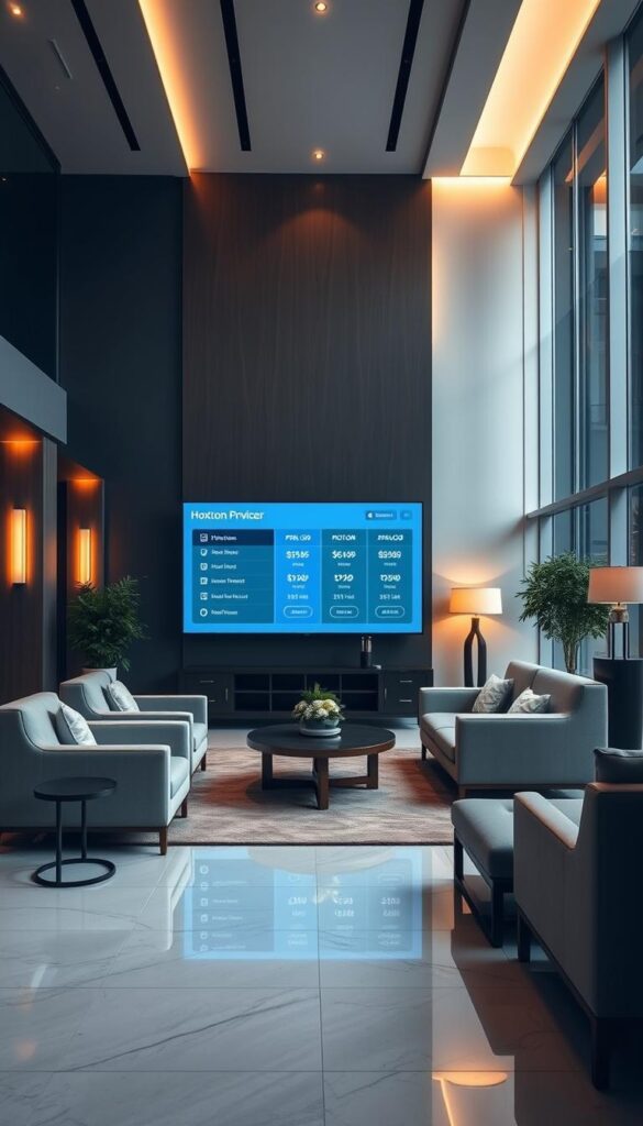 A sleek, minimalist hotel lobby with modern furnishings and warm lighting. In the center, a display showcases the "Hoxtoon Provider" IPTV service, its pricing plans and features prominently featured on a large digital screen. The screen displays a clean, visually appealing interface highlighting the affordable subscription options tailored for hotels. The overall scene conveys a sense of luxury, technology, and hospitality, creating an inviting atmosphere that would appeal to hotel guests.