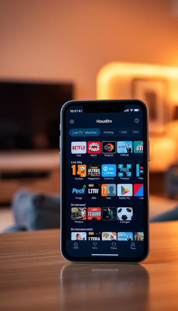 A sleek, minimalist iPhone displaying the Hoxtoon Provider IPTV app's intuitive interface. The screen showcases a clean grid of live TV channels and on-demand content, with intuitive navigation controls. The device is set against a blurred background of a modern living room, conveying a sense of seamless, multi-device compatibility. Warm, diffused lighting illuminates the scene, creating a cozy, inviting atmosphere. The overall composition emphasizes the ease of use and versatility of the Hoxtoon Provider IPTV solution for iOS users.