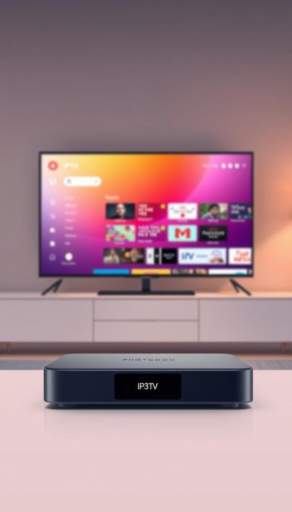 A sleek, minimalist illustration of internet protocol television (IPTV) showcasing the Hoxtoon Provider brand. In the foreground, a stylized IPTV set-top box with clean lines and a muted color palette sits prominently, conveying the technology's seamless integration into modern living spaces. The middle ground features a smooth, gradient-filled display screen showcasing a vibrant, high-definition M3U playlist, hinting at the rich content available through IPTV services. The background subtly suggests a home entertainment setup, with warm lighting and a sense of domestic comfort, emphasizing IPTV's role in enhancing the viewing experience. The overall scene strikes a balance between sophisticated design and functional simplicity, capturing the essence of IPTV as a transformative technology in the digital media landscape.