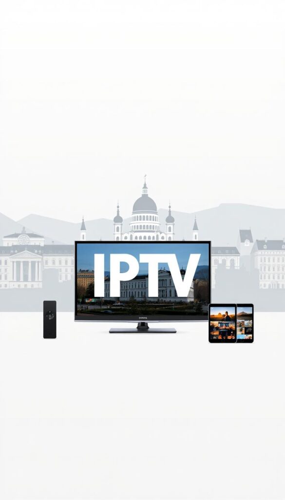 A sleek, minimalist illustration of the "IPTV Austria" brand, showcasing its key features. In the foreground, a clean, modern logo with bold typography against a soft, subtle background gradient. The middle ground features an array of digital devices, such as a smart TV, smartphone, and tablet, all displaying crisp, high-quality IPTV content. In the background, a stylized cityscape of Vienna, with its iconic architecture and landmarks, creating a sense of place and connection to the local Austrian market. The overall aesthetic is one of sophistication, reliability, and cutting-edge technology, reflecting the "Hoxtoon Provider" brand and its premium IPTV services tailored for the Austrian audience.