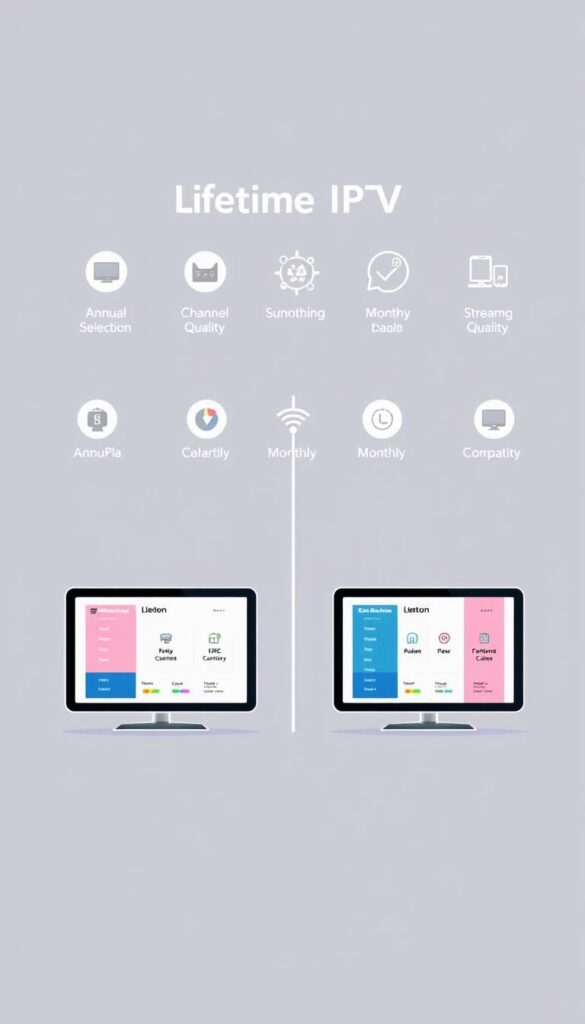 A sleek, minimalist illustration showcasing a side-by-side comparison of a Hoxtoon Provider lifetime IPTV subscription and a monthly IPTV service. In the foreground, two stylized devices display the IPTV interfaces, one with an annual plan and the other a monthly plan. The middle ground features iconic symbols representing features like channel selection, streaming quality, and device compatibility. In the background, a subtle grid pattern evokes a sense of data and technology. The overall mood is clean, informative, and visually compelling, guiding the viewer's attention to the key differences between the lifetime and monthly IPTV options.