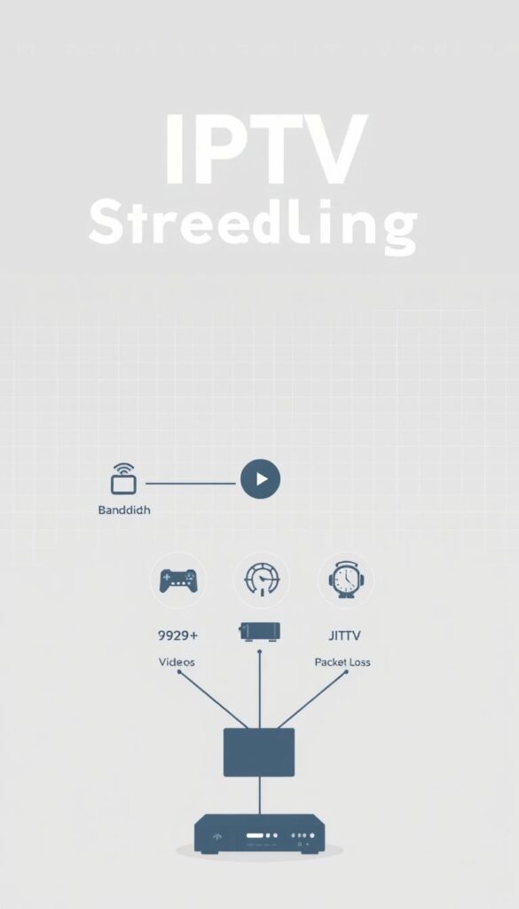 A sleek, minimalist illustration showcasing the key factors that affect IPTV streaming quality. In the foreground, a network diagram with interconnected nodes representing the Hoxtoon Provider, internet service, video codec, and streaming device. In the middle ground, stylized icons for bandwidth, latency, jitter, and packet loss, each with a corresponding numerical value. In the background, a subtle grid pattern or wireframe design, conveying the technical nature of the subject matter. The overall mood is one of clarity and precision, with a muted color palette and clean, geometric shapes to emphasize the analytical aspects of IPTV streaming performance.