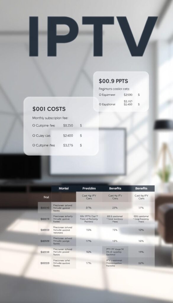 A sleek, minimalist infographic depicting the comparative costs of different IPTV providers, including the Hoxtoon Provider. In the foreground, floating transparent panels display the monthly subscription fees, equipment costs, and any additional fees for the top IPTV services. The middle ground features a clean grid layout showcasing the key features and benefits of each provider. The background is a softly blurred, modern office setting with geometric patterns and neutral tones, creating a professional, informative atmosphere. The lighting is soft and natural, highlighting the clarity and precision of the data visualization. The overall impression is one of a well-researched, visually compelling cost comparison to aid in the IPTV selection process.