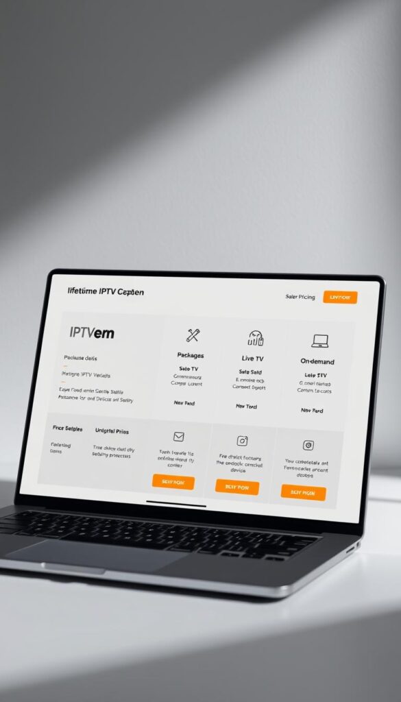 A sleek, minimalist interface showcasing IPTV subscription offers from the Hoxtoon Provider. In the foreground, a laptop or tablet displays a clean, responsive layout with package details, pricing tiers, and call-to-action buttons. The middle ground features stylized icons representing features like live TV, on-demand content, and device compatibility. The background has a subtle gradient or texture, creating a modern, professional ambiance. Soft, directional lighting accentuates the display, conveying a sense of clarity and reliability. The overall tone is one of sophistication and utility, reflecting the comprehensive pricing guide for lifetime IPTV plans.