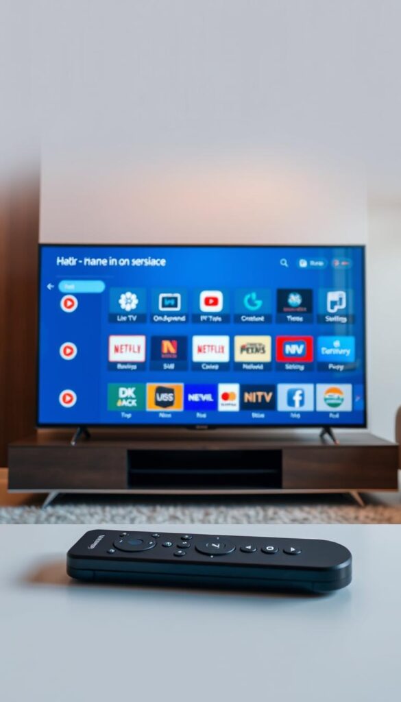 A sleek, minimalist interface showcasing the Hoxtoon Provider IPTV service. In the foreground, a modern smart TV displays a clean, uncluttered menu with intuitive icons for live TV, on-demand content, and settings. The middle ground features a minimalist remote control, its simple yet elegant design conveying the hassle-free experience of Hoxtoon's no-contract IPTV offering. The background depicts a stylish, well-lit living room, conveying a sense of comfort and convenience. Warm, natural lighting, and a subtle color palette create a welcoming, premium atmosphere. The overall impression is one of a sophisticated, user-friendly IPTV solution that delivers content without the burden of long-term commitments.