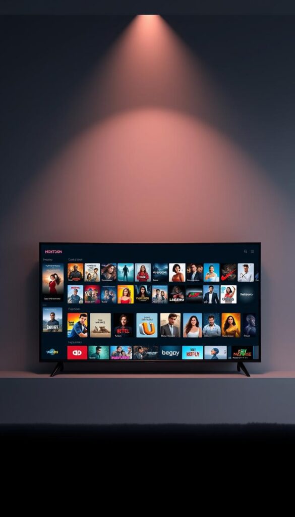 A sleek, minimalist interface showcasing the Hoxtoon Provider content library. In the foreground, a large flat-screen display presents a visually striking grid of movie, TV show, and live channel thumbnails, each with a distinctive style and color palette. The middle ground features a clean, well-organized sidebar menu, allowing for seamless navigation through Hoxtoon's vast selection. In the background, a soft, muted gradient creates a sense of depth and sophistication, complementing the modern, high-tech aesthetic. Subtle lighting from above casts a warm, inviting glow across the scene, highlighting the attention to detail and premium quality of the Hoxtoon Provider platform.