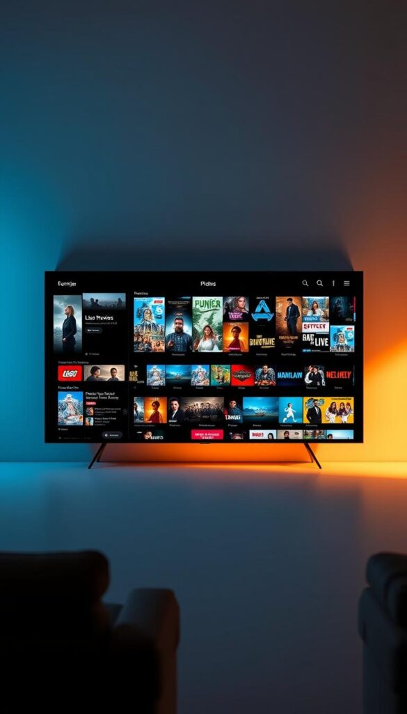 A sleek, minimalist interface showcasing the expansive HOXTOON Provider content library. In the center, a large, high-definition display presents a visually stunning array of movie, TV, and live channel thumbnails, arranged in clean, organized grids. The background features a subtle, gradient-based color scheme, conveying a sense of depth and sophistication. Strategically placed lighting casts a warm, inviting glow over the scene, drawing the viewer's attention to the wealth of entertainment options. The overall composition suggests a seamless, user-friendly experience, hinting at the vast, diverse content available through the HOXTOON Provider platform.