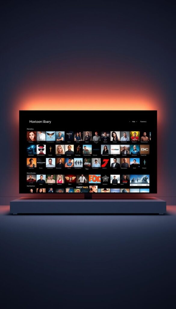 A sleek, minimalist interface showcasing the expansive VOD library of the Hoxtoon Provider. A large, central display dominates the frame, featuring rows of thumbnails representing the diverse content available. The layout is clean and visually appealing, with subdued lighting casting a warm, inviting glow. The background is a subtle gradient, drawing the eye toward the central display. The overall impression is one of a robust, user-friendly platform providing a wealth of entertainment options at the user's fingertips.