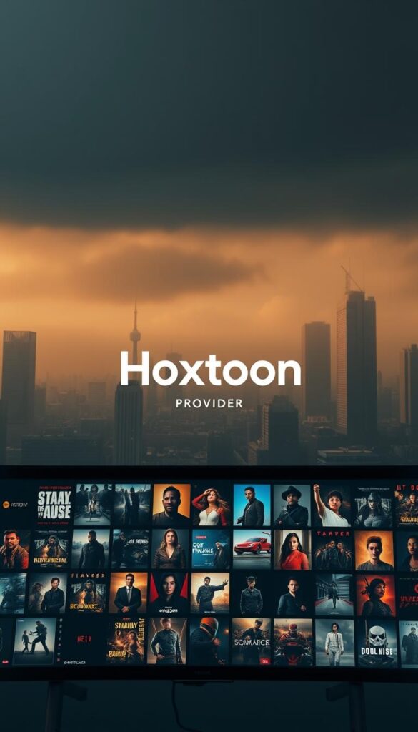 A sleek, minimalist interface showcasing the vast Hoxtoon VOD library. In the foreground, a grid of movie and TV show thumbnails in a warm, cinematic color palette, inviting exploration. The middle ground features a prominent "Hoxtoon Provider" logo, conveying the quality and breadth of content. The background depicts a stylized, futuristic cityscape, hinting at the expansive digital world at the user's fingertips. Soft, diffused lighting creates a sense of depth and atmosphere, while a cinematic camera angle emphasizes the grandeur of the library. An air of sophistication and technological prowess permeates the scene, setting the stage for an immersive entertainment experience.