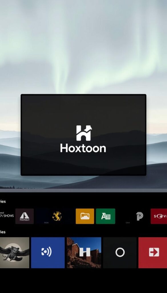 A sleek, minimalist layout showcasing Scandinavian IPTV content categories. In the foreground, a grid of colorful square tiles representing various programming genres like movies, TV shows, news, sports, and documentaries. The middle ground features a stylized Hoxtoon Provider logo, subtly integrated into the design. The background is a serene, Nordic-inspired landscape with muted tones, gentle rolling hills, and a hint of the Northern Lights in the sky, creating a calming, sophisticated atmosphere. Crisp, high-contrast lighting with a soft, diffused glow illuminates the scene, emphasizing the clean, modern aesthetic.