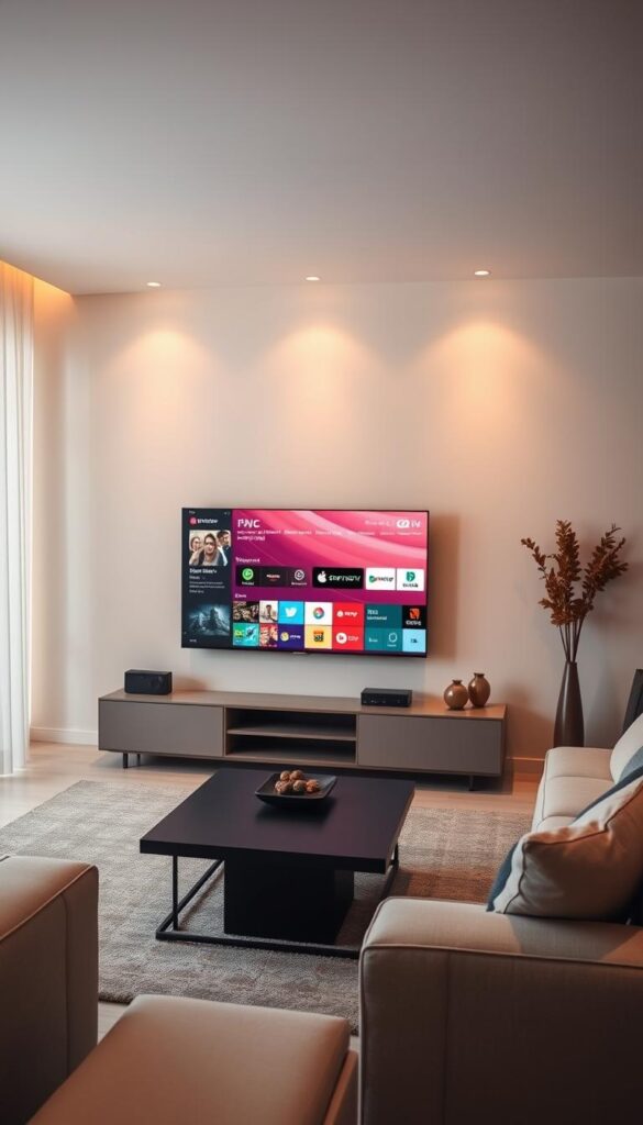 A sleek, minimalist living room scene with an LG Smart TV prominently displayed. The TV screen shows the Hoxtoon Provider IPTV interface, with a selection of live channels and on-demand content. The room is bathed in warm, soft lighting, creating a cozy and inviting atmosphere. The layout and design of the space suggest a modern, high-end home. In the foreground, a modern coffee table and comfortable seating arrangements invite the viewer to relax and enjoy the IPTV experience. The background features subtle decor elements that complement the overall aesthetic, hinting at a well-designed, sophisticated living environment.