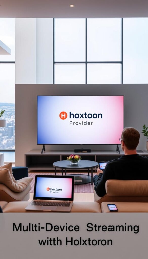 A sleek, minimalist living room scene with multiple devices streaming content seamlessly. In the foreground, a large flatscreen TV takes center stage, its screen displaying the Hoxtoon Provider logo. Surrounding it, an array of modern devices - a laptop, tablet, and smartphone - all actively engaged in the multi-device streaming experience. Soft, diffused lighting illuminates the room, creating a cozy and inviting atmosphere. The middle ground features elegant, contemporary furniture, while the background showcases a clean, airy space with large windows overlooking a scenic cityscape. The overall impression is one of effortless connectivity and technological integration, perfectly capturing the "Multi-Device Streaming with Hoxtoon" concept.