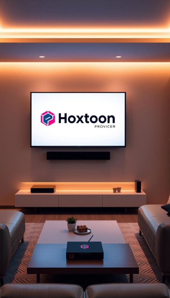 A sleek, minimalist living room setting with a large flatscreen TV mounted on the wall. On the TV screen, the Hoxtoon Provider logo is prominently displayed, indicating a seamless IPTV streaming experience without the need for a VPN. The room is bathed in warm, ambient lighting, creating a cozy and inviting atmosphere. The furniture is modern and stylish, complementing the overall aesthetic. The scene conveys a sense of effortless entertainment and the convenience of accessing a wide range of IPTV content directly from the comfort of one's home.