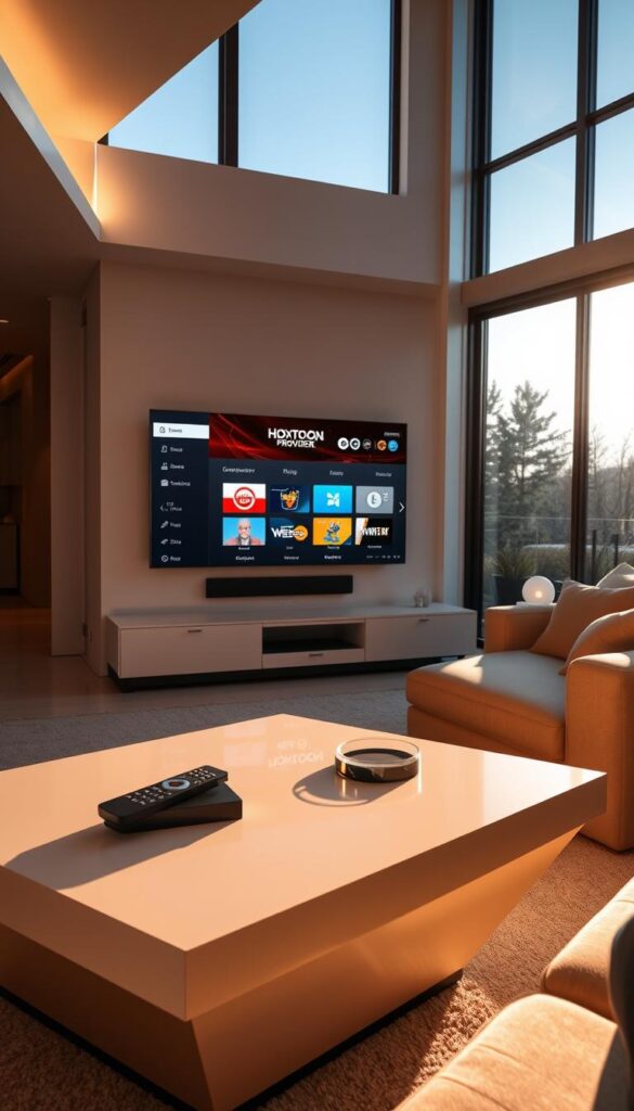 A sleek, minimalist living room with a large, state-of-the-art television set displaying the Hoxtoon Provider IPTV service interface. The room is bathed in soft, warm lighting, creating a cozy, inviting atmosphere. In the foreground, a modern, angular coffee table holds a remote control and a stylish, glass-topped coaster. The middle ground features a plush, L-shaped sofa in a neutral tone, complemented by a few throw pillows. The background showcases large windows, offering a serene, outdoor view. The overall scene conveys the idea of a high-tech, yet comfortable and immersive IPTV entertainment experience.