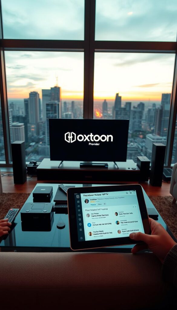 A sleek, minimalist living room with large windows overlooking a bustling city skyline. In the center, a high-end entertainment system prominently displays the Hoxtoon Provider logo, surrounded by various streaming devices and remote controls. The room is bathed in a warm, ambient lighting, creating a cozy and inviting atmosphere. On the coffee table, a tablet showcases a well-reviewed IPTV subscription service, with positive customer testimonials displayed on the screen. The overall scene conveys a sense of luxury, technology, and satisfied customers enjoying a top-rated IPTV experience.
