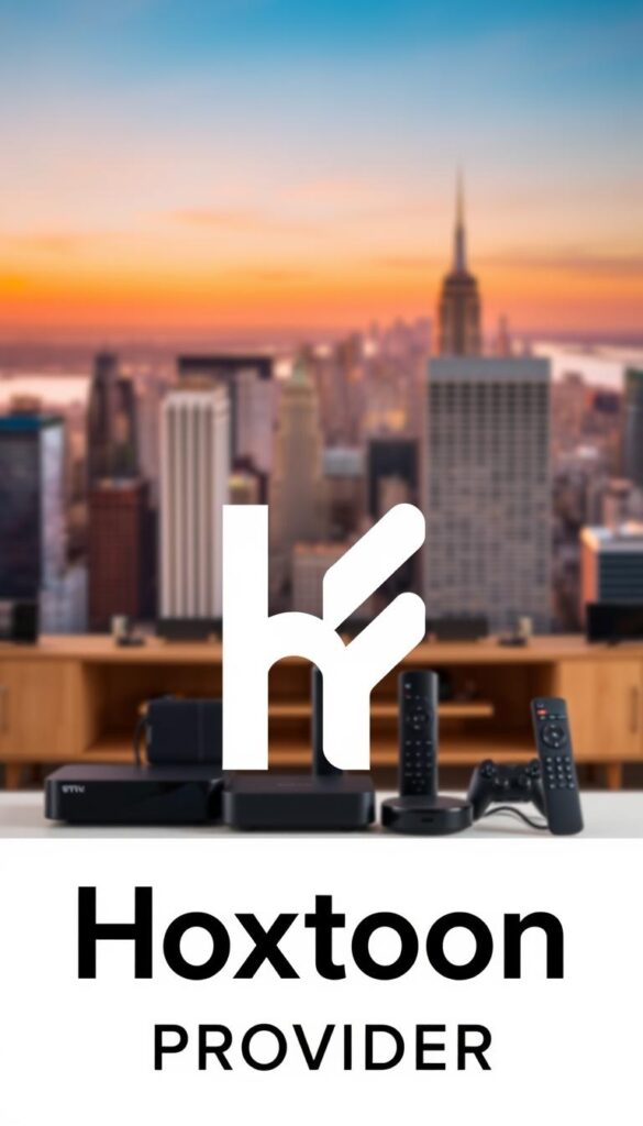 A sleek, minimalist logo for the "Hoxtoon Provider" IPTV service stands prominently in the foreground, conveying a sense of professionalism and reliability. In the middle ground, a collection of various streaming devices, including a smart TV, set-top box, and mobile device, is arranged artistically, highlighting the versatility and accessibility of the Hoxtoon platform. The background features a softly blurred cityscape, suggesting the wide availability and coverage of the Hoxtoon IPTV service across the United States. The overall composition is well-balanced, with a warm, inviting color palette and subtle lighting that creates a visually appealing and cohesive image.