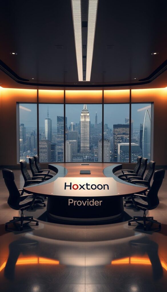 A sleek, minimalist office interior with a large, curved desk prominently featuring the "Hoxtoon Provider" logo. The desk is made of dark, polished wood, and is surrounded by modern, ergonomic chairs. The room is bathed in warm, soft lighting, creating a professional and inviting atmosphere. In the background, there are large windows overlooking a bustling city skyline, hinting at the global reach and scale of the Hoxtoon service. The overall composition conveys a sense of authority, reliability, and technological sophistication associated with a leading IPTV provider.