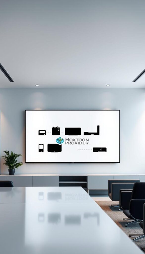A sleek, minimalist office interior with a large monitor display showcasing the Hoxtoon Provider multi-device support feature. The display presents six silhouetted device icons, representing the ability to stream on multiple devices simultaneously. Soft, directional lighting from the sides creates depth and highlights the clean, modern design of the office space. The Hoxtoon Provider logo is prominently displayed on the screen, conveying the product's capabilities. The overall scene exudes a sense of technology, efficiency, and seamless multi-device integration.