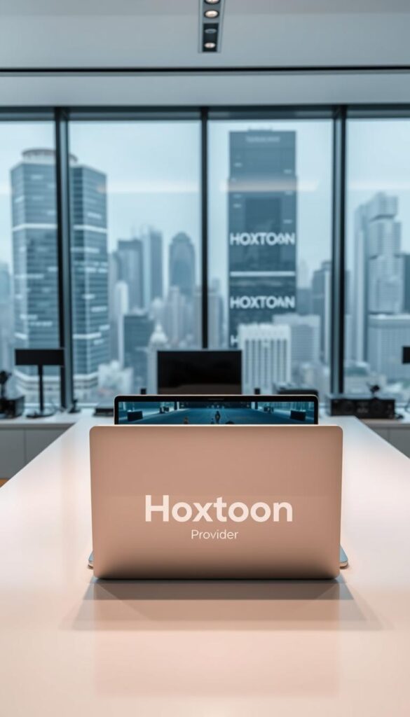 A sleek, minimalist office interior with a large window overlooking a bustling cityscape. In the foreground, a modern desk with a state-of-the-art laptop and a stylized "Hoxtoon Provider" logo prominently displayed. The laptop screen shows a seamless, high-definition IPTV stream with no buffering or interruptions. The lighting is soft and diffused, creating a calming, professional atmosphere. In the background, various technological devices and accessories suggest a workspace focused on advanced media capabilities. The overall impression conveys the reliability, efficiency, and cutting-edge nature of the Hoxtoon IPTV service.