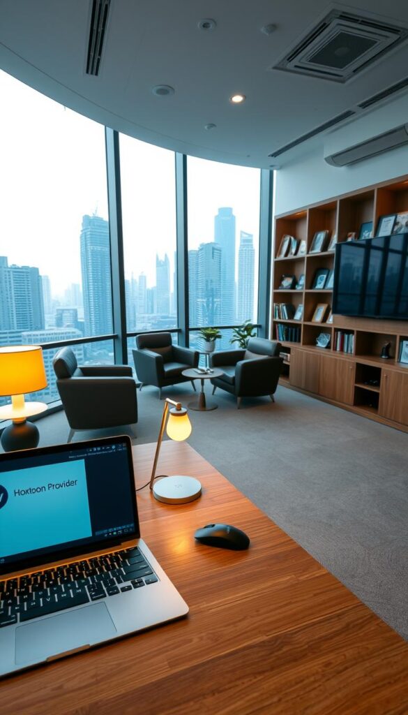 A sleek, minimalist office interior with large windows overlooking a bustling city skyline. In the foreground, a modern wooden desk with a laptop displaying the Hoxtoon Provider IPTV service interface. On the desk, a wireless keyboard and mouse, and a stylish lamp casting a warm glow. In the middle ground, comfortable leather chairs and a small coffee table, conveying a professional yet welcoming atmosphere. The background features shelves with neatly organized books and awards, highlighting the provider's expertise. Subtle lighting from ceiling fixtures and a large flat-screen monitor on the wall, creating a contemporary, technology-driven ambiance. The overall scene conveys the reliable, high-quality IPTV services offered by Hoxtoon Provider in Malaysia.