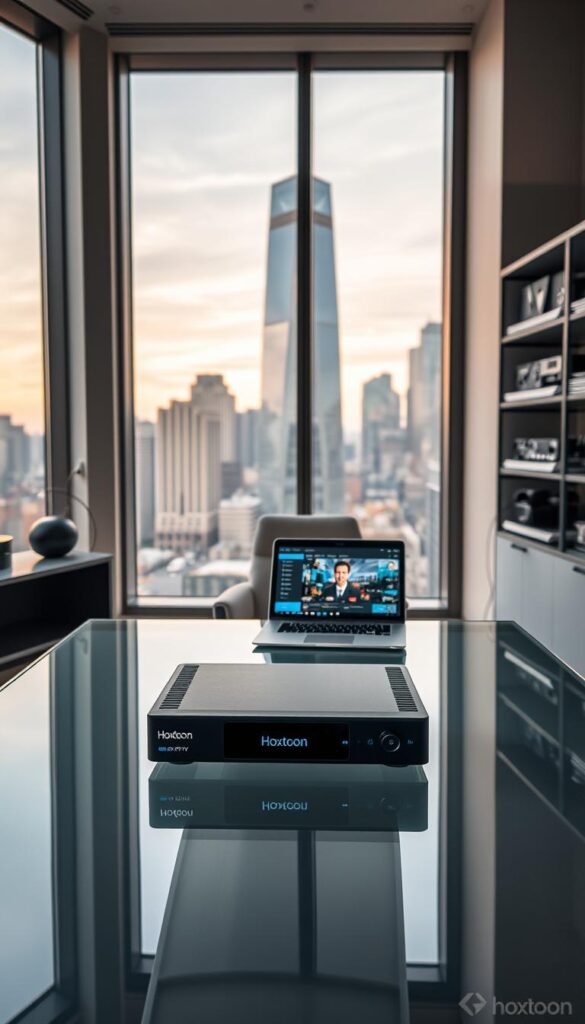 A sleek, minimalist office interior with large windows overlooking a bustling city skyline. In the foreground, a high-quality 4K IPTV streaming device labeled "Hoxtoon Provider" sits on a modern glass desk, surrounded by stylish office accessories. The lighting is soft and warm, creating a professional yet inviting atmosphere. The middle ground features a comfortable chair and a laptop displaying a vibrant, user-friendly IPTV interface. In the background, shelves filled with media equipment and technical manuals suggest the attention to detail and expertise of the Hoxtoon team. The overall composition conveys the reliable, premium quality of the Hoxtoon IPTV service for discerning UK viewers.