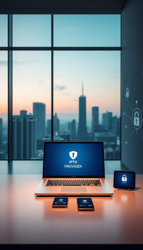 A sleek, minimalist office interior with large windows overlooking a city skyline. In the foreground, a desk with a high-end laptop displays a secure IPTV service interface, the Hoxtoon Provider logo prominent. On the desk, a smartphone and a tablet showcase secure login screens. Subtle lighting casts a warm, professional ambiance. On the walls, abstract digital security patterns and icons suggest advanced encryption and privacy safeguards. The overall scene conveys a sense of technological sophistication and data protection for the IPTV service.