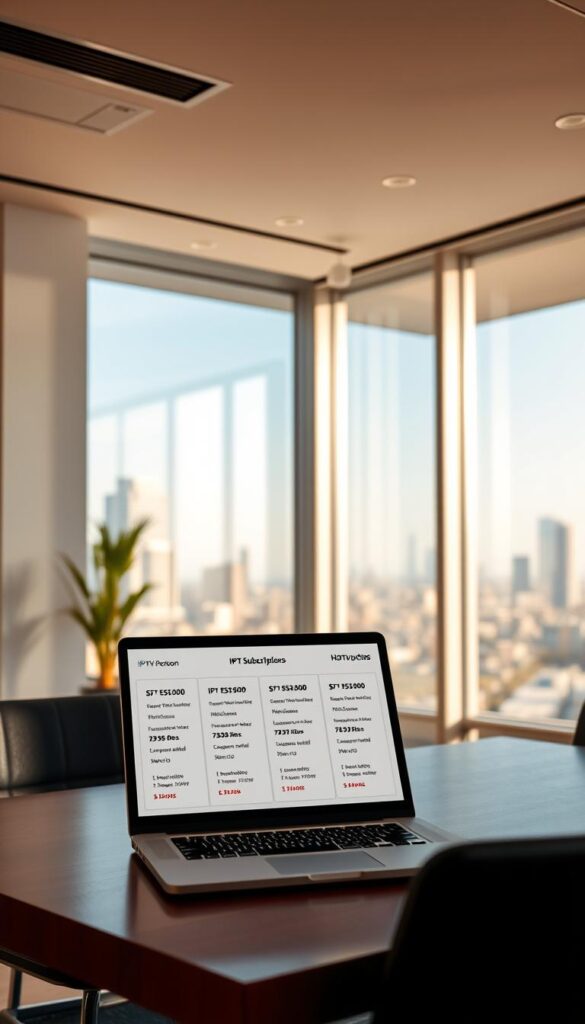 A sleek, minimalist office interior with large windows overlooking a cityscape. On the desk, a laptop displays various IPTV subscription models from the Hoxtoon Provider, each with detailed pricing and feature information. The room is bathed in warm, natural lighting, creating a professional and inviting atmosphere. The overall scene conveys a sense of clarity and understanding regarding the different IPTV subscription options available.