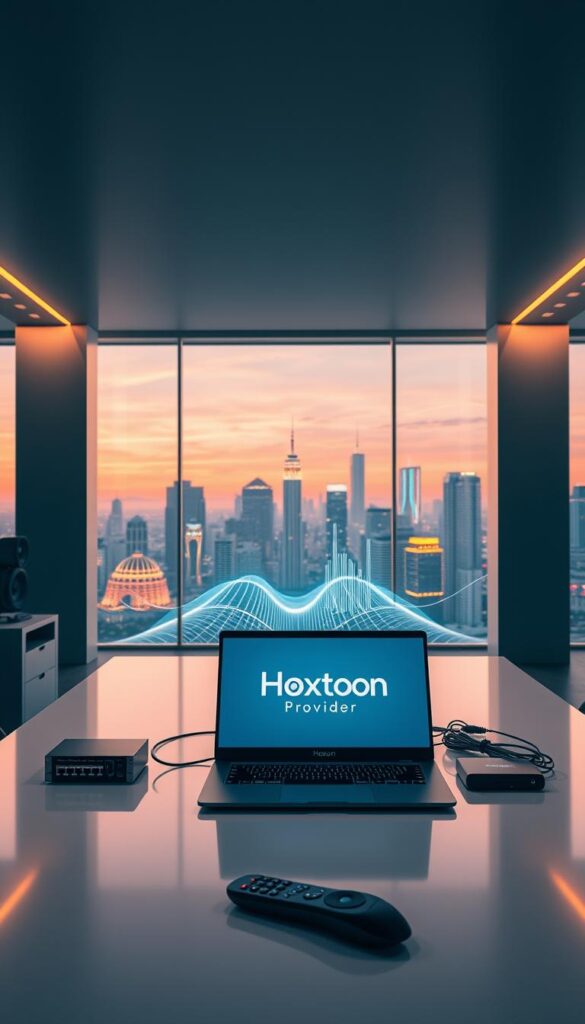 A sleek, minimalist office interior with large windows overlooking a futuristic cityscape. In the foreground, a modern desk with a high-end laptop displaying the Hoxtoon Provider logo, surrounded by advanced networking equipment and a sophisticated remote control. Soft, directional lighting from above casts a warm glow, creating an atmosphere of innovation and technological progress. The middle ground features a stylized data visualization, hinting at the power and capabilities of the Hoxtoon IPTV service. In the background, the urban skyline is bathed in vibrant, neon-tinged hues, symbolizing the boundless entertainment possibilities of this cutting-edge IPTV platform.