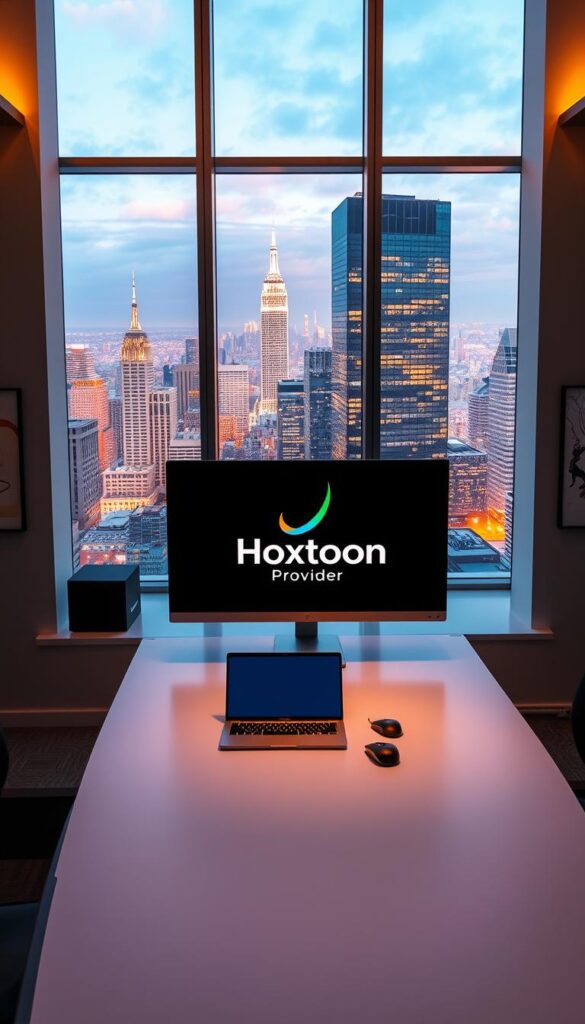A sleek, minimalist office interior with large windows overlooking a vibrant city skyline. In the center, a modern desk with a high-resolution monitor displays the "Hoxtoon Provider" logo, bathed in warm, directional lighting. On the desk, a stylish laptop and a wireless mouse, conveying a sense of productivity and technological innovation. The walls are adorned with clean, geometric-patterned wallpaper, and a few carefully curated pieces of abstract art add visual interest. The overall atmosphere is one of professionalism, reliability, and a commitment to providing the best IPTV service experience.