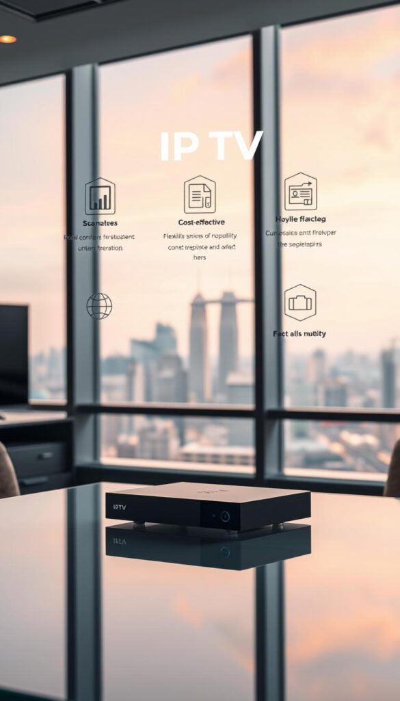 A sleek, minimalist office interior with large windows overlooking a vibrant city skyline. In the foreground, a Hoxtoon Provider IPTV device rests on a modern glass-and-steel desk, its streamlined design conveying the benefits of this innovative technology. Soft, indirect lighting creates a warm, professional atmosphere, drawing the viewer's attention to the device and the potential it represents. The middle ground features stylized infographic elements highlighting key IPTV advantages, such as seamless content access, cost-effectiveness, and flexibility. The background showcases the bustling urban landscape, symbolizing the global connectivity and entertainment possibilities enabled by the Hoxtoon Provider IPTV service.