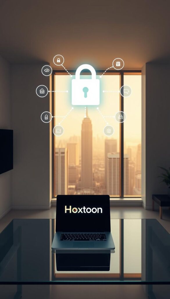 A sleek, minimalist office scene showcasing the security features of the Hoxtoon IPTV provider. In the foreground, a stylized lock icon and a secure network diagram hover above a glass-topped desk. On the desk, a laptop displays the Hoxtoon logo, surrounded by various cybersecurity icons. The middle ground features a large window overlooking a modern cityscape, bathed in warm, directional lighting. The background is a clean, muted palette, creating a sense of professionalism and technological sophistication. The overall impression conveys the robust security and reliability of the Hoxtoon IPTV service.
