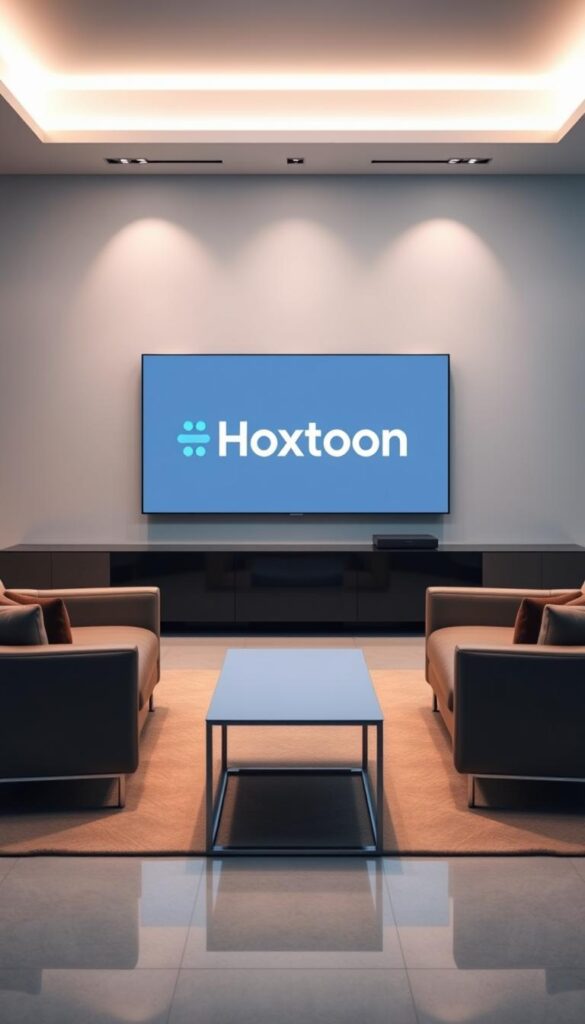 A sleek, minimalist office setting with a large monitor displaying the Hoxtoon Provider brand logo against a backdrop of modern, elegant furniture. The lighting is soft and diffused, creating a professional and inviting atmosphere. The composition features a clean, uncluttered layout with a focus on the Hoxtoon Provider brand, conveying a sense of reliability and high-quality service. The image should evoke a sense of authority and expertise in the IPTV industry.