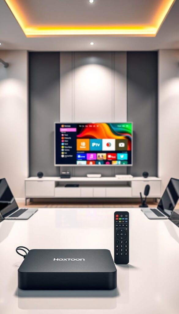 A sleek, minimalist office setting with a variety of modern devices prominently displayed. In the foreground, a Hoxtoon Provider streaming box and remote control sit atop a clean, white desk, surrounded by a laptop, tablet, and smartphone. The middle ground showcases a large, high-resolution TV screen displaying a vibrant, colorful interface, representing the IPTV service. The background features a stylish, monochromatic wall with subtle geometric patterns, creating a sense of depth and elegance. Soft, directional lighting from above casts a warm, inviting glow across the scene, emphasizing the advanced technology and seamless multi-device compatibility.