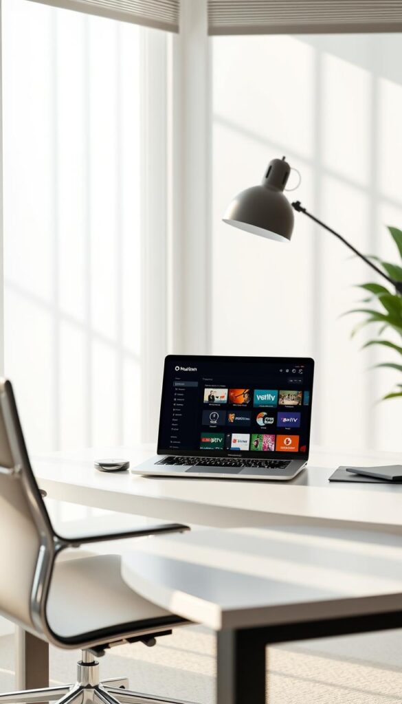 A sleek, minimalist office setup with a laptop, desk, and chair. The laptop screen displays the Hoxtoon Provider IPTV service interface, showcasing its user-friendly design and intuitive navigation without the need for a VPN. The room is bathed in soft, natural lighting filtering through large windows, creating a calming and productive atmosphere. The overall scene conveys the ease and convenience of accessing IPTV content directly, without the complexity of setting up a VPN.