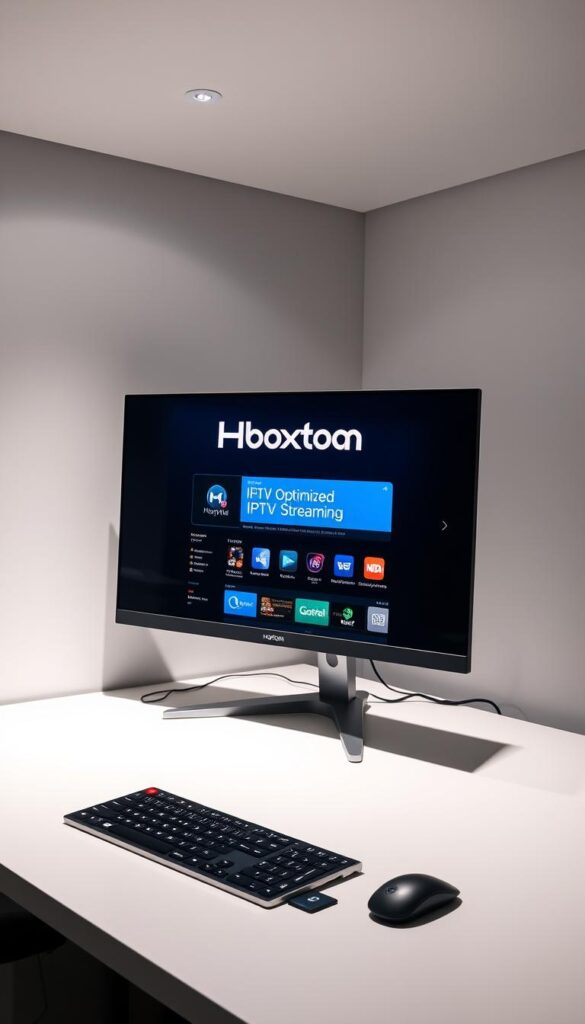 A sleek, minimalist office workspace with a large, high-resolution monitor displaying a streaming platform's interface. The display showcases the Hoxtoon Provider logo, reflecting smooth, optimized IPTV streaming. Soft, directional lighting illuminates the setup, creating a professional, tech-savvy atmosphere. The workspace is uncluttered, with a modern keyboard and mouse, emphasizing efficiency and productivity. The overall scene conveys the idea of an optimized, seamless IPTV streaming experience.