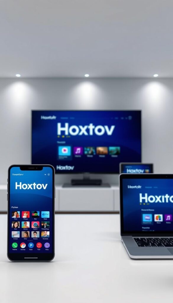 A sleek, minimalist scene showcasing the multi-device compatibility of the Hoxtoon Provider IPTV service. In the foreground, a modern smartphone and tablet display the Hoxtoon Provider interface, their screens seamlessly synchronized. In the middle ground, a smart TV and laptop computer also display the same IPTV content, creating a harmonious, cross-platform experience. The background features a stylish, high-tech environment with clean lines and subtle lighting, emphasizing the advanced and versatile nature of the Hoxtoon Provider platform. The overall mood is one of efficiency, connectivity, and technological sophistication.