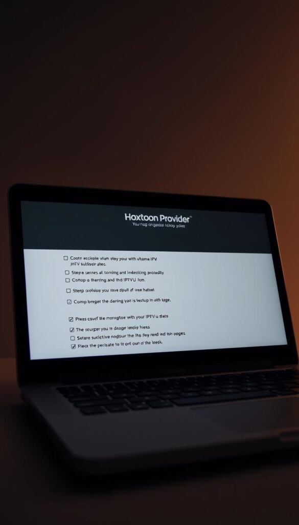 A sleek, minimalist setup guide for a lifetime IPTV .m3u subscription, displayed on a laptop screen with the Hoxtoon Provider logo prominently featured. The guide outlines the step-by-step process for configuring the .m3u file, with clean typography and intuitive icons guiding the user through the setup. The image has a warm, professional tone, conveying the ease and reliability of the Hoxtoon Provider lifetime IPTV service. Soft, directional lighting illuminates the laptop, creating depth and highlighting the guide's clarity. The background is a subtle gradient, keeping the focus on the setup instructions.