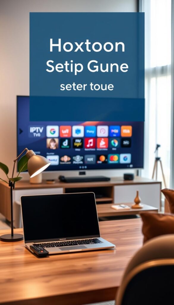 A sleek, minimalist setup guide for the Hoxtoon IPTV service. In the foreground, a modern smart TV displays the Hoxtoon interface, its clean UI and intuitive navigation guiding the user. In the middle ground, a laptop and remote control sit on a wooden desk, surrounded by stylish decor elements like a houseplant and minimalist desk lamp, conveying a sense of elegant simplicity. The background features a warm, softly-lit living room, with large windows allowing natural light to flood the scene. The overall mood is one of sophistication and ease, showcasing the seamless integration of the Hoxtoon IPTV service into a contemporary, design-forward home environment.