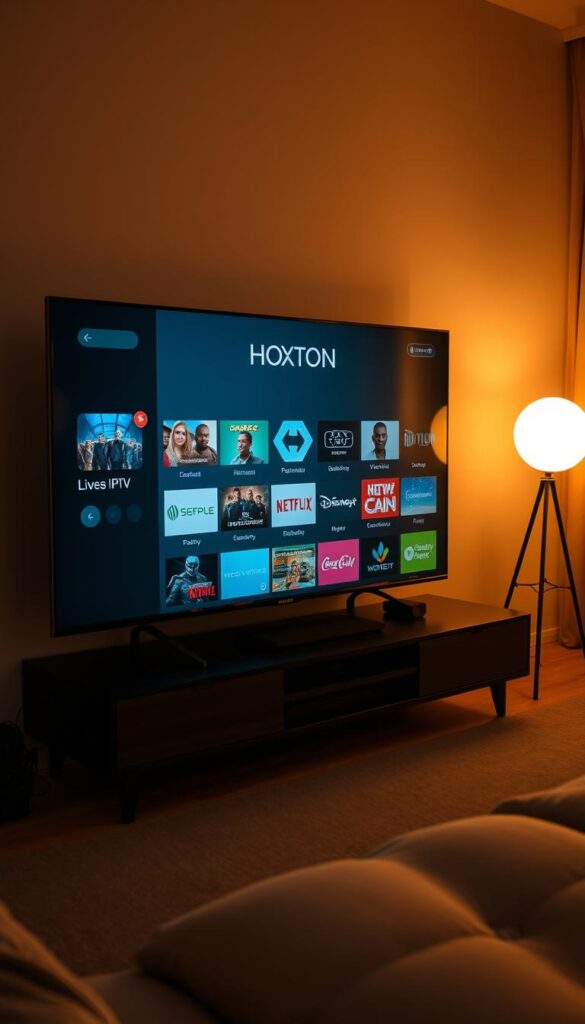A sleek, minimalist setup of the Kodi media player, with a focus on the Hoxtoon Provider IPTV add-on. The interface is clean and intuitive, showcasing a grid of live TV channels and on-demand content. Warm, soft lighting illuminates the scene, creating a cozy and inviting atmosphere. The setup is depicted from a slightly elevated angle, highlighting the intuitive layout and user-friendly design. The Hoxtoon Provider logo is prominently displayed, indicating the customized IPTV integration within the Kodi platform. The overall impression is one of a powerful, yet accessible media solution for the modern home entertainment system.