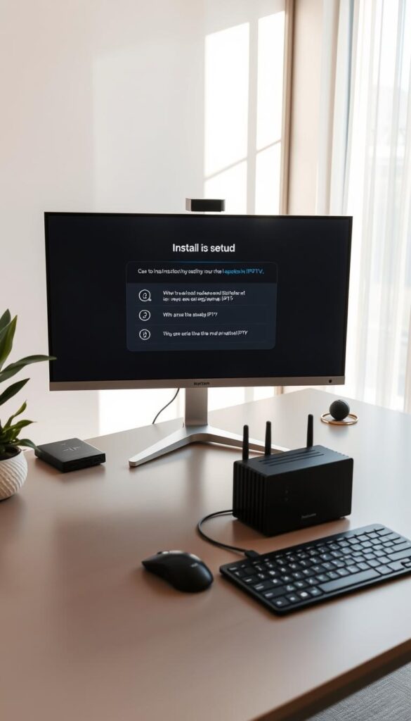 A sleek, minimalist setup process for the Hoxtoon Provider IPTV service. A modern desktop computer in a clean, well-lit home office, its screen displaying step-by-step instructions for installation. Soft natural lighting filters through large windows, casting a warm glow. On the desk, a mouse, keyboard, and a stylish modem or router, all in muted tones. The atmosphere is one of efficiency and simplicity, conveying the ease of setting up the Hoxtoon IPTV service.